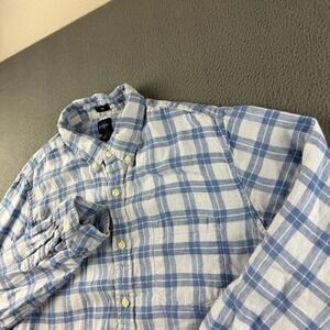 J Crew Shirt Men's L Blue Linen Blend Slim Plaid Breathable Lightweight Beach